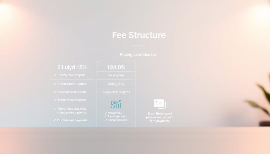A detailed infographic depicting the Upwork fee structure, showcased on a clean and minimalistic backdrop. In the foreground, a clear breakdown of the platform's pricing tiers, highlighting the percentage-based service fees for freelancers and clients. The middle ground features visual representations of the various payment options, such as hourly rates, fixed-price projects, and milestone-based payments. The background gently blurs, allowing the key information to take center stage, bathed in soft, warm lighting that creates a professional and trustworthy atmosphere. The overall composition should convey a sense of transparency and clarity, guiding the viewer through the essential elements of Upwork's fee structure.