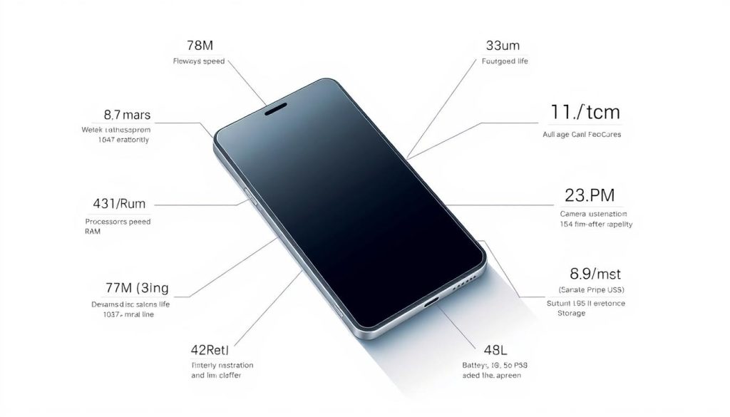 A detailed, sleek, and minimalist illustration showcasing the key specifications of a high-end smartphone. The smartphone is placed in the center of the frame, with a clean, white background. The smartphone features a large, edge-to-edge display with a subtle camera module in the top-left corner. Surrounding the smartphone are various technical details such as processor speed, RAM, storage capacity, battery life, and camera resolution, all displayed in a clear, legible font. The lighting is soft and diffused, creating a sense of depth and highlighting the smartphone's premium design. The overall mood is one of sophistication and technological prowess, suitable for an article on the best smartphones on the market.