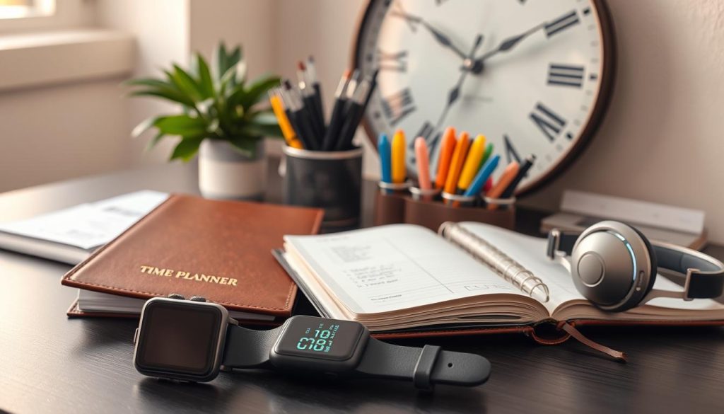A meticulously arranged still life depicting a variety of time management tools. In the foreground, a sleek black smartwatch, its digital display showing the current time. Beside it, a leather-bound daily planner with a gold-embossed cover, its pages open to reveal neatly organized schedules and to-do lists. In the middle ground, a minimalist desk organizer with various pens, highlighters, and a pair of noise-cancelling headphones, all arranged in a visually pleasing manner. In the background, a large analog wall clock with elegant hands, its face illuminated by warm, natural lighting filtering in through a nearby window. The overall scene conveys a sense of productivity, focus, and efficient time management.