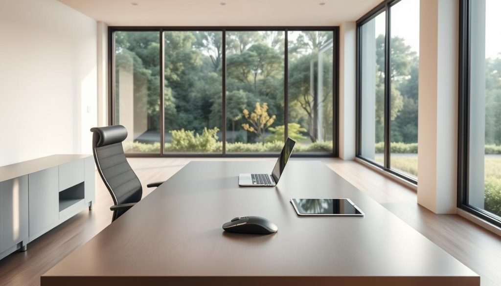 A modern, minimalist home office with a sleek, brushed aluminum desk and an ergonomic office chair. On the desk, a high-end laptop, a wireless mouse, and a tablet with stylus are neatly arranged. The room is bathed in soft, indirect lighting, creating a warm, productive atmosphere. Crisp, clean lines and a neutral color palette of grays and whites give the space a sense of technological sophistication. In the background, large windows offer a serene view of a lush, natural landscape, blending the digital and the analog. The overall scene conveys a harmonious fusion of cutting-edge technology and thoughtful, intentional design.