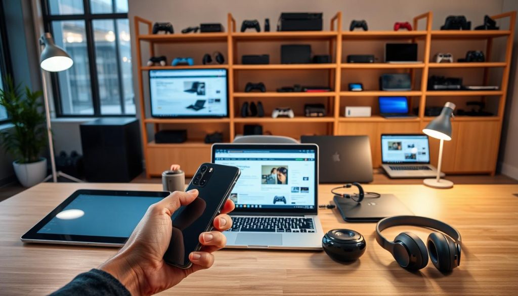 A modern office setting with a well-lit desk showcasing the latest consumer electronics. In the foreground, a person's hands carefully examining a sleek new smartphone, evaluating its features and design. Behind them, a tablet and a pair of wireless headphones are arranged, inviting further inspection. The middle ground features a laptop open to product review websites, with windows displaying detailed specifications and performance metrics. In the background, shelves display an array of other gadgets - smartwatches, gaming consoles, and the newest laptop models - creating a sense of a comprehensive tech evaluation environment. Warm lighting from desk lamps and large windows creates a professional, yet approachable ambiance, conducive to in-depth assessment of the latest technological innovations.