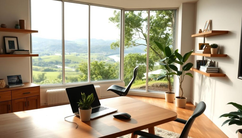 A serene home office with expansive windows overlooking a lush, verdant landscape. Soft, diffused natural lighting filters in, creating a tranquil ambiance. In the foreground, a minimalist wooden desk with a laptop, wireless mouse, and a potted plant. Floating shelves on the walls display carefully curated decor, books, and personal mementos. The middle ground features a comfortable ergonomic chair and a cozy area rug, inviting relaxation and focus. The background showcases the picturesque outdoors - rolling hills, swaying trees, and a glimpse of a winding river. The overall scene conveys the benefits of remote work: flexibility, work-life balance, and a peaceful, inspiring environment.