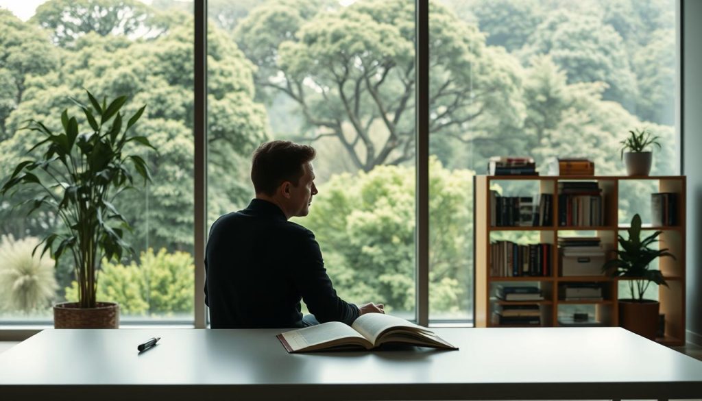 A serene, well-lit office setting with a large window overlooking a lush, verdant landscape. In the foreground, a person sits at a sleek, minimalist desk, deep in contemplation, their gaze focused inward. An open notebook and a pen lie on the desk, suggesting the act of introspection and self-reflection. The middle ground features a bookshelf filled with volumes on personal finance, psychology, and self-improvement, hinting at the individual's pursuit of knowledge and understanding of their own money mindset. The background depicts a peaceful, calming scene, with soft, diffused lighting that creates a sense of tranquility and clarity, inviting the viewer to step into the subject's mindset.