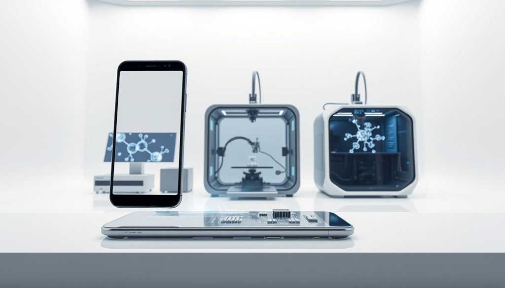 A sleek, futuristic laboratory filled with cutting-edge technological devices. In the foreground, a glossy, angular smartphone with a holographic display hovers above a transparent touch interface. In the middle ground, a complex 3D printer extrudes a intricate circuit board, its robotic arms moving with precision. Behind it, a large, curved display panel shows a real-time visualization of molecular structures. The background is a stark white space, bathed in soft, diffuse lighting that creates a sense of minimalist elegance. The overall atmosphere conveys a vision of innovation, scientific advancement, and the seamless integration of technology into everyday life.