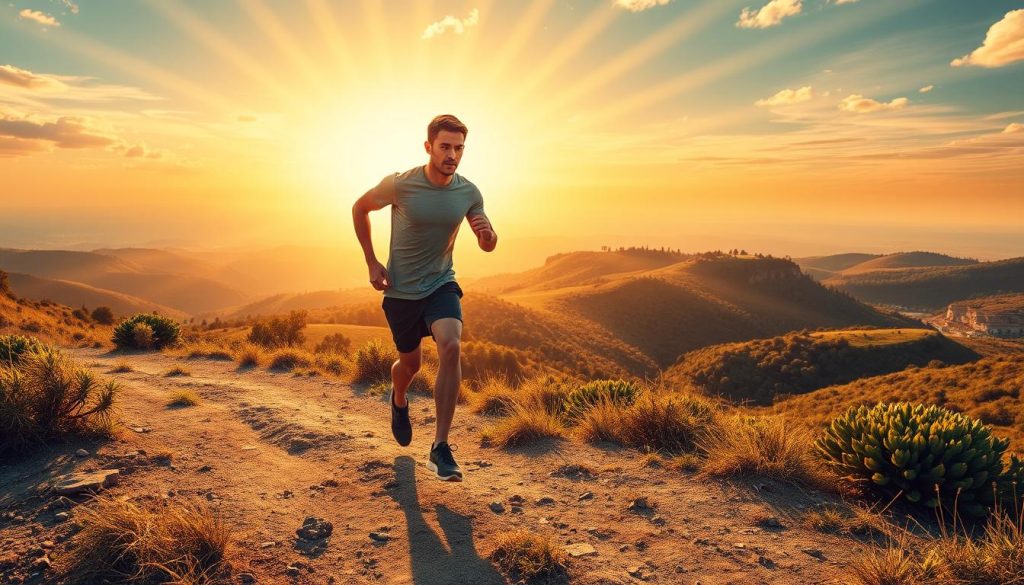 A vibrant, dynamic scene depicting the power of motivation. In the foreground, a determined individual strides forward, their expression resolute and their stride full of purpose. Rays of warm, golden light illuminate their path, symbolizing the inner drive and passion that fuels their journey. In the middle ground, a landscape of rolling hills and lush vegetation, representing the obstacles and challenges that must be overcome. The background is a vast, open sky, filled with a sense of possibility and opportunity, conveying the boundless potential that awaits those who embrace their motivation. The overall mood is one of inspiration, energy, and a profound sense of personal growth and achievement.