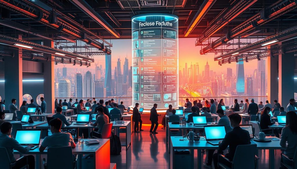 A vibrant, futuristic freelance marketplace bustling with activity. In the foreground, a diverse group of freelancers collaborate at sleek, minimalist workstations, their laptops and devices illuminated by warm, ambient lighting. In the middle ground, a central hub features a towering holographic display showcasing job postings, client reviews, and real-time project updates. The background is dominated by a panoramic cityscape, with skyscrapers and sleek transportation systems, reflecting the global, interconnected nature of the remote work ecosystem. The overall atmosphere conveys a sense of innovation, productivity, and the boundless potential of the freelance economy.