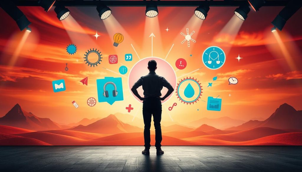 A vibrant, motivational scene with a central figure standing confidently in the foreground, surrounded by a collage of symbolic icons and visualizations that represent different sources of personal motivation. The background is a dynamic, abstract landscape with a warm, inspiring color palette, featuring geometric shapes, gradients, and floating elements that suggest an energetic, uplifting atmosphere. The lighting is a combination of focused spotlights and soft, diffused ambient illumination, creating depth, dimension, and a sense of purpose. The overall composition is balanced, visually striking, and designed to evoke a sense of empowerment and a desire to discover one's own motivation triggers.