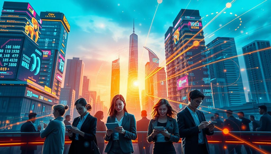 A visually striking and futuristic scene depicting the cutting-edge tech trends of the digital information age. A vibrant cityscape with towering skyscrapers, their facades adorned with holographic displays and interactive panels. In the foreground, a group of young professionals engrossed in their sleek, touchscreen devices, surrounded by a swirling vortex of data streams and digital information. Subtle neon accents and reflective surfaces create a sense of technological sophistication, while a warm, golden lighting casts an optimistic glow over the scene. The overall composition conveys the dynamic, ever-evolving nature of the digital landscape and the importance of tech literacy in the modern world.