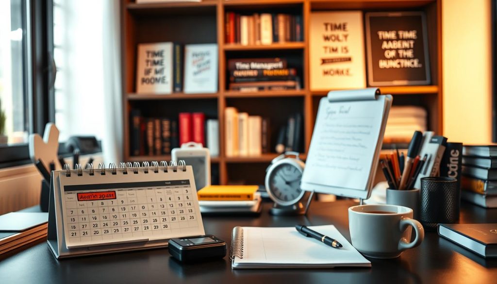 A workspace filled with organization, a central desk with various productivity tools - a calendar, a to-do list, a timer, and a cup of coffee. In the background, a bookshelf with time management books and motivational quotes. The lighting is soft and warm, creating a focused yet calming atmosphere. The camera angle is slightly angled, giving a sense of depth and making the time management techniques the focal point. The overall mood is one of efficiency, control, and the potential for success through effective time management.