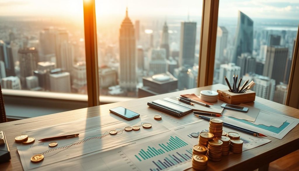 An expansive desktop overlooking a bustling cityscape, illuminated by warm, diffused natural light filtering through large windows. On the desk, a laptop, a smartphone, and various office supplies symbolize the tools of the modern online entrepreneur. In the foreground, a neatly organized array of virtual currency, cryptocurrency charts, and financial data visualizations hint at the lucrative potential of digital careers. The overall scene conveys a sense of opportunity, productivity, and the promise of financial success through remote, technology-driven work.