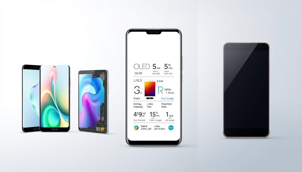 Detailed technical illustration of various smartphone display technologies. Foreground showcases OLED, LCD, and E-ink displays with clear labels and cutaway views exposing their internal components. Midground features a range of display specifications like resolution, refresh rate, and HDR capabilities. Background depicts a sleek, minimalist smartphone silhouette with subtle lighting to accentuate the display technologies. The overall composition has a clean, informative, and high-tech aesthetic suitable for an educational tech article.