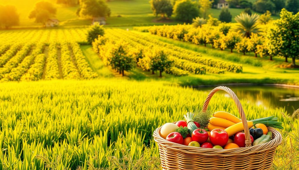 Lush green meadow bathed in warm, golden sunlight. Rows of thriving crops and fruit trees stretch into the distance, overflowing with ripe, vibrant produce. In the foreground, a woven basket brimming with an abundance of colorful fruits and vegetables, symbolizing prosperity and nourishment. A serene, tranquil pond reflects the verdant landscape, its still waters conveying a sense of calm and balance. The overall scene radiates a feeling of plentitude, vitality, and a deep, inner contentment with one's circumstances.